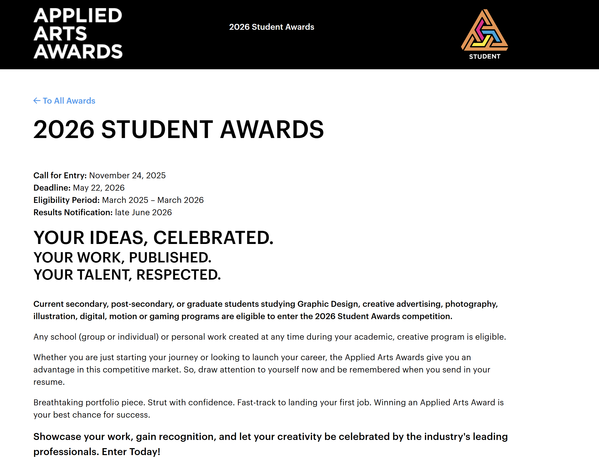 Applied Arts 2026 Student Awards
